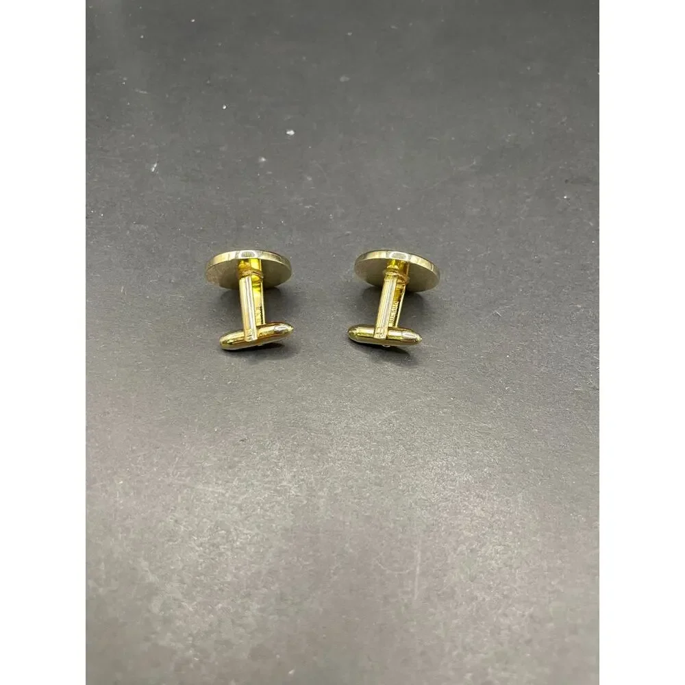 VTG Hickok USA Cufflinks Gold Tone Green Enamel Inlay Crisscross Bullet Back